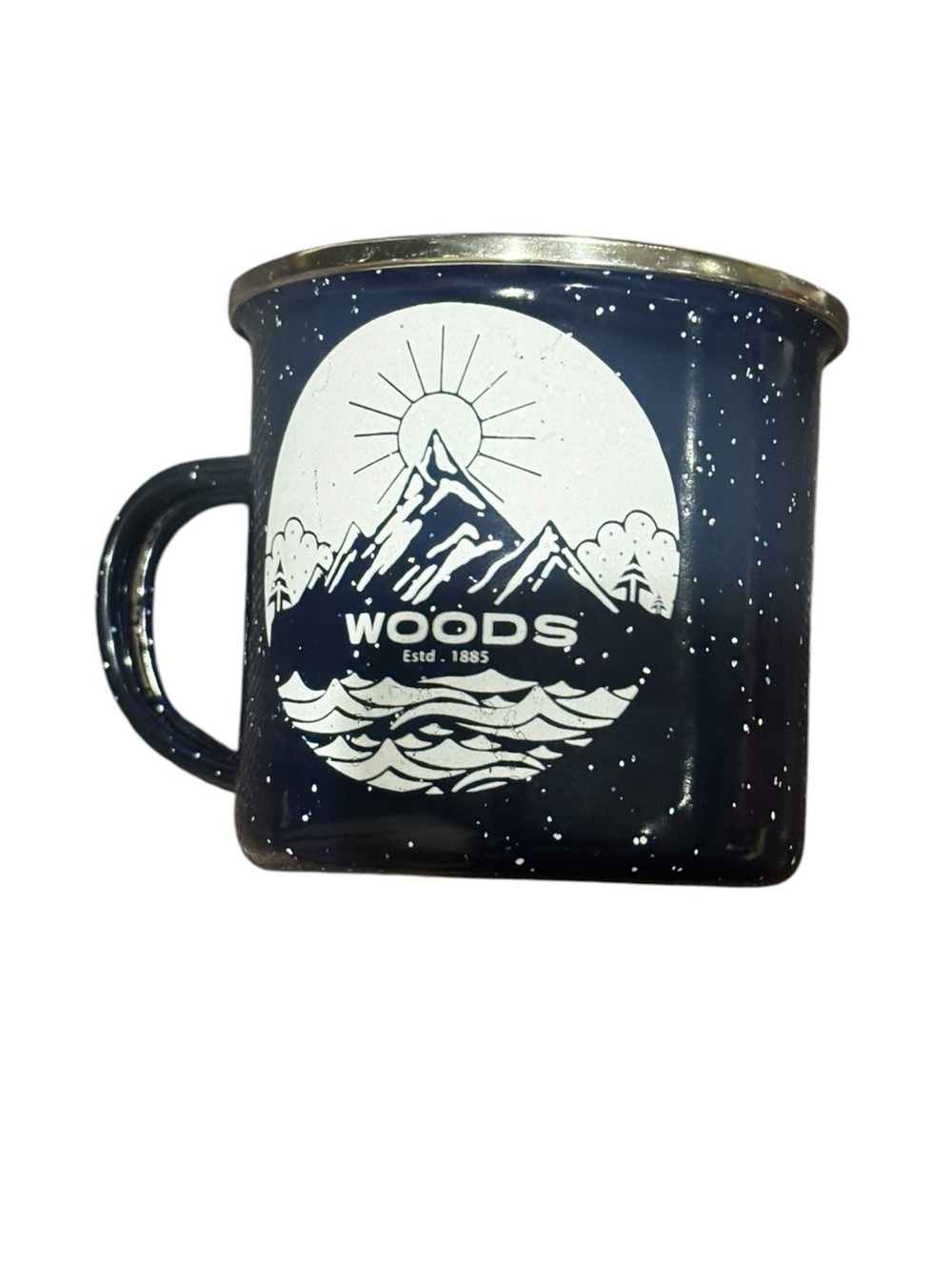 Woods Navy Speckled Enamel Mug with Mountain Graphic